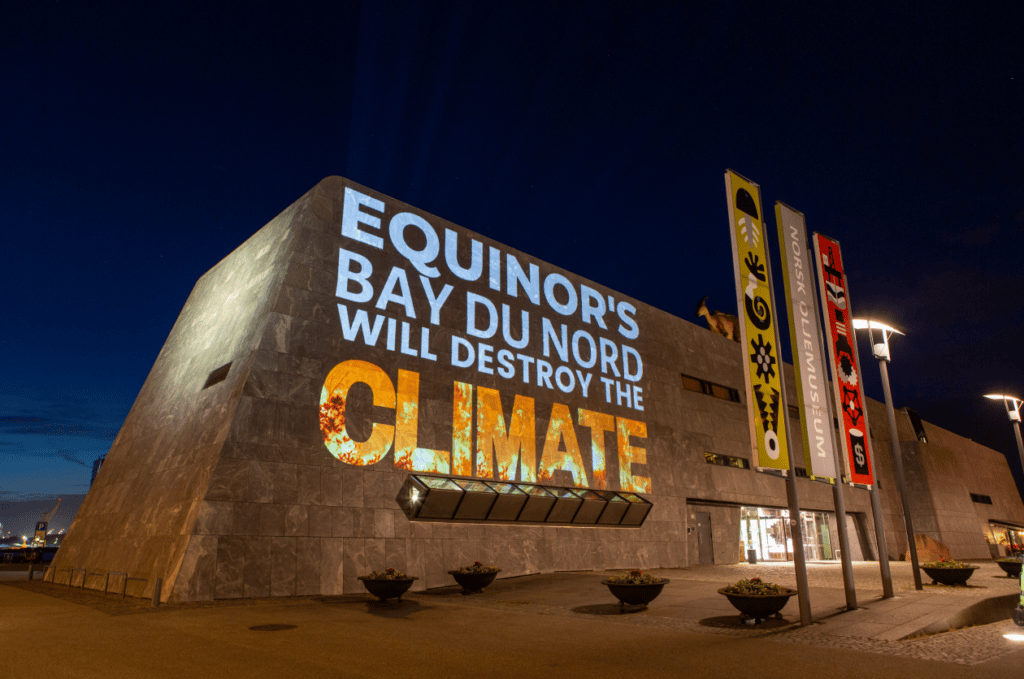 Projection against Equinor's Bay du Nord oil project in Stavanger, Norway at Equinor's AGM