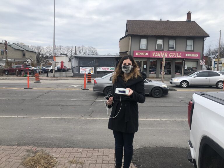 Sierra Club Ontario, Breathe Easy program volunteer taking an air quality reading. About Sierra Club Ontario.