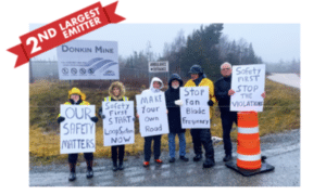 Local residents impacted by the Donkin coal mine in Cape Breton, Nova Scotia, protest near the mine's entrance