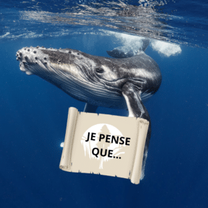 A whale holding up a sign that says "I think that..."