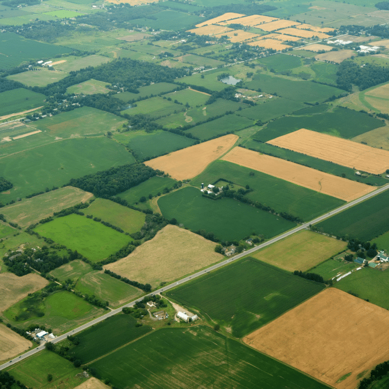 A photo of farmland from the sky looking down