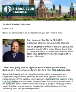 Example of a Sierra Club Canada email with an invite to a hike with the leader of the U.S. Sierra Club in Cantley, Québec.