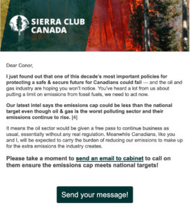 Example of a Sierra Club Canada email update with insight on the proposed Canada emissions cap for supporters and an opportunity to sign a petition.