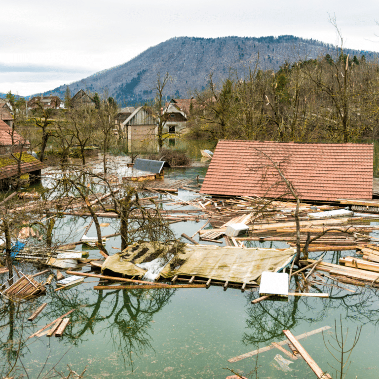 Emissions cap national targets. Photo of flooding.