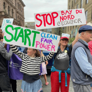 Annual Charity Appeal 2023. Picture of protest against Bay du Nord.