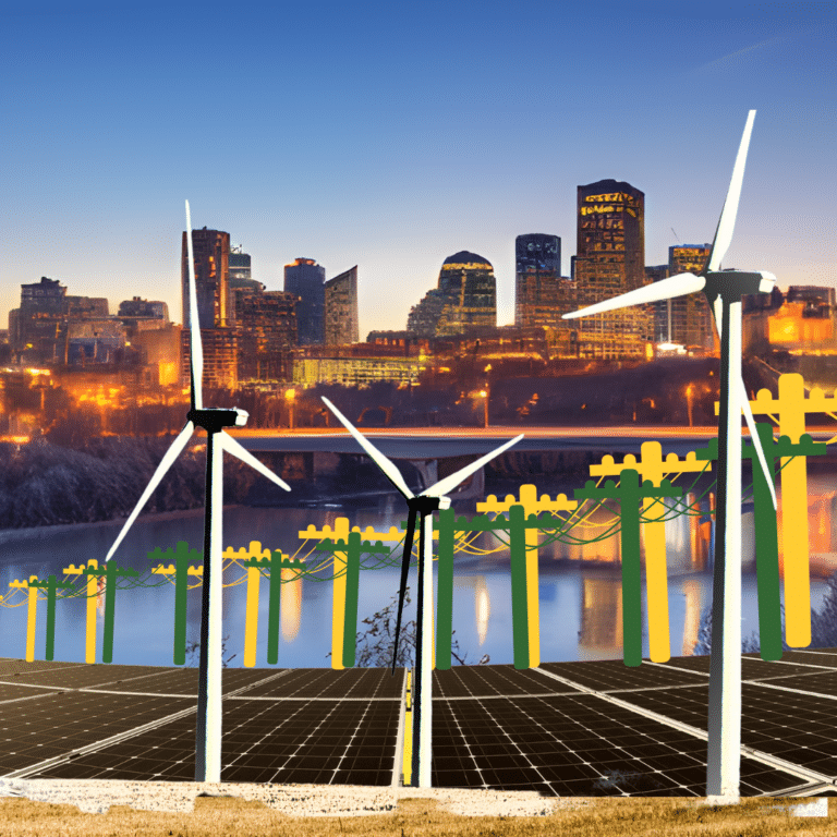 Page Renewable Energy Grid Alberta Wind Solar, image shows wind turbines, electricity lines, and solar panels against a backdrop of Edmonton Alberta