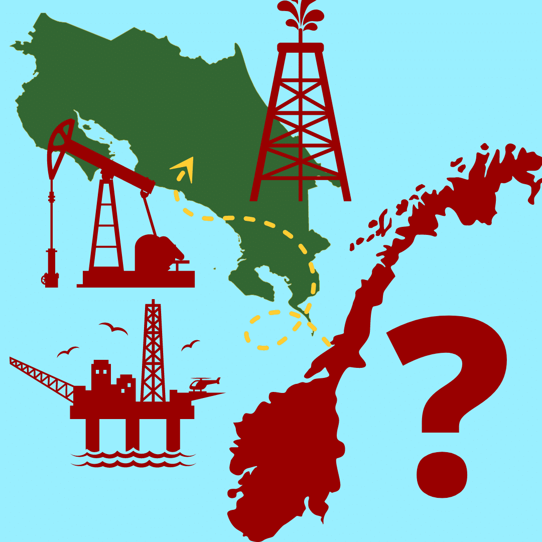 Graphic of Norway and Costa Rica with gas and oil rigs surrounding them. Norway Gas Costa Rica