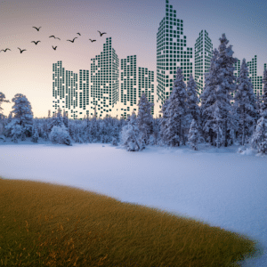 The Activist Environmentalist Newsletter image shows snowy ground and trees with a city and birds in the background melting to Prairie grass