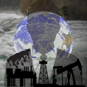 Communicating on Climate Change in Your Community podcast, image of an oil lobbyists and oil rigs in front of a globe being swept away by flooding