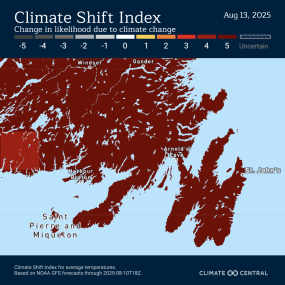 Aug 13, 2025 – high temps made at least 5x more likely by climate change in Newfoundland Map