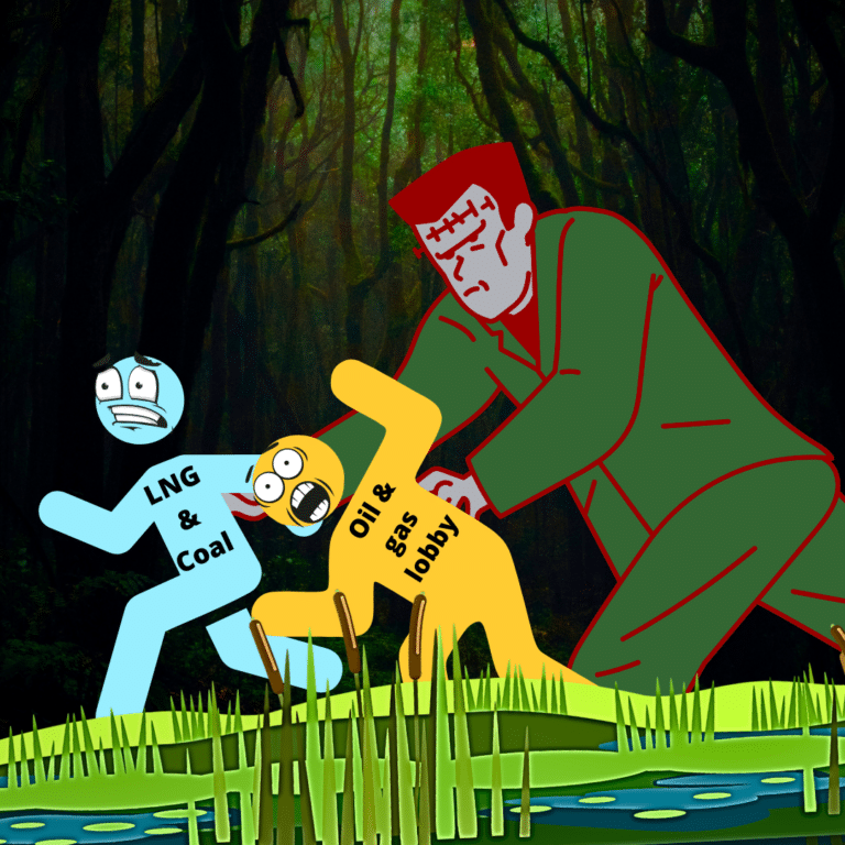 Frankenstein's Monster our Sierra Club Canada mascot fighting oil and gas companies in a swamp