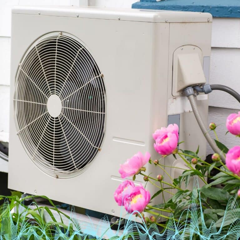 Heat Pump with flowers and sound waves form the page Heat Pumps Facts Canada