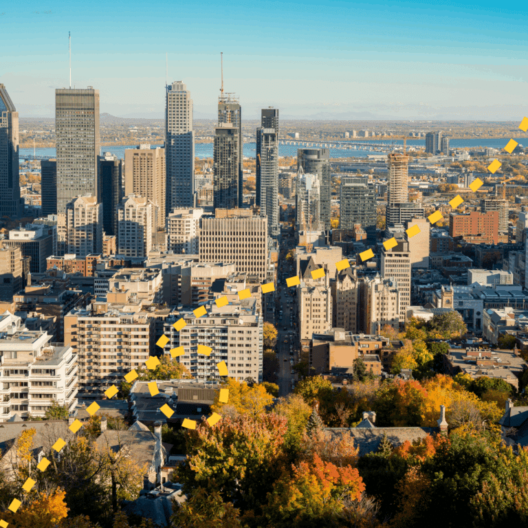 Page Éco-quartier Montréal programme environnementales. Photo of the city of Montreal with a path graphic