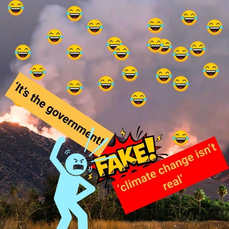 Wildfires Climate Denial Kills page, picture of a fire with graphic relating to climate denial and climate delyism in front