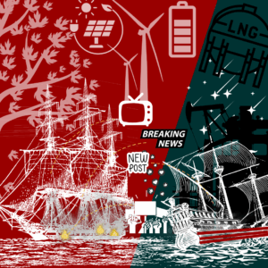 United States Oligarchy Oil United States Oligarchy Oil page picture of sailing ships fighting each other with communications tools against a backdrop of renewable energy versus oil and gas and LNG