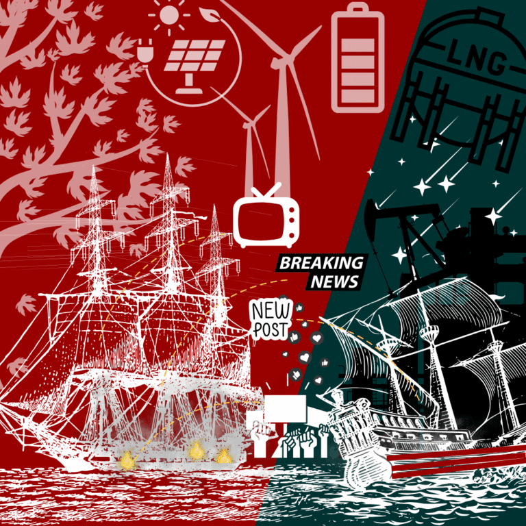United States Oligarchy Oil page picture of sailing ships fighting each other with communications tools against a backdrop of renewable energy versus oil and gas and LNG
