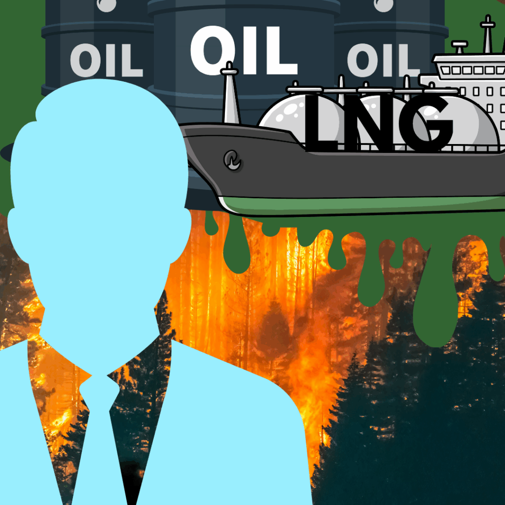 Anti Greenwashing Regulations Canada page, image of oil and lng and gas infrastructure trying to cover up a wildfire