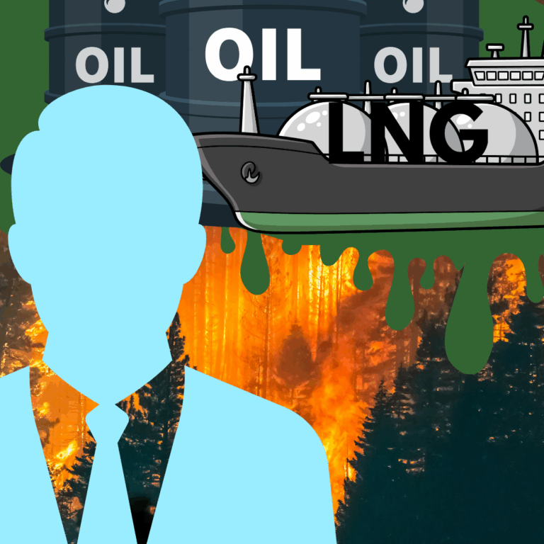 Anti Greenwashing Regulations Canada page, image of oil and lng and gas infrastructure trying to cover up a wildfire