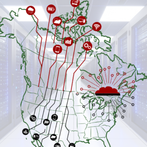 Digital Sovereignty Paris Marx podcast graphic of a data centre server farm with an overlay of a map of Canada and the United States and the cloud stretching out across the border.