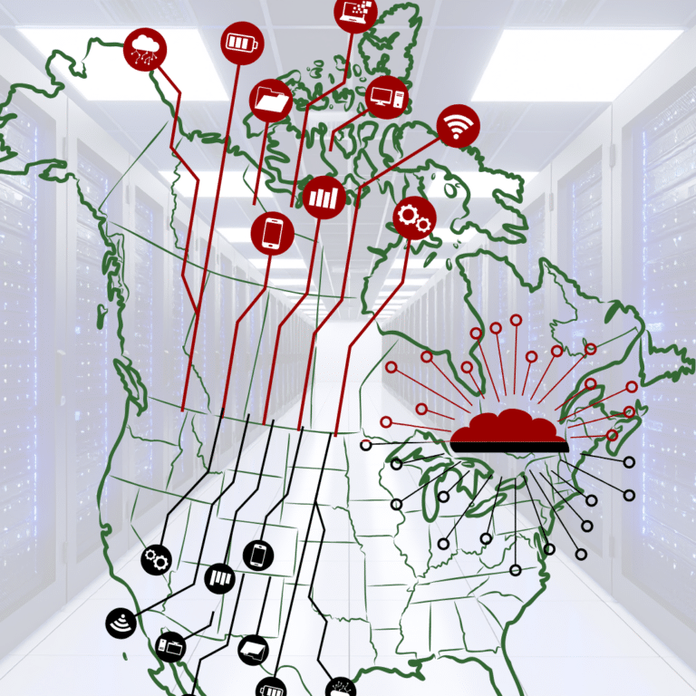 Digital Sovereignty Paris Marx podcast graphic of a data centre server farm with an overlay of a map of Canada and the United States and the cloud stretching out across the border.