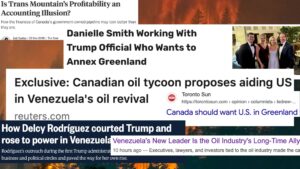 Big Oil Turns Against Canada & Greenland, & The Trump Threat to Newfoundland and Labrador page picture of relevant news reporting against the background of a wildfire