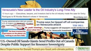 Venezuela-Oil-Trump-Canada page graphic of a trojan horse and news coverage of Venezuela