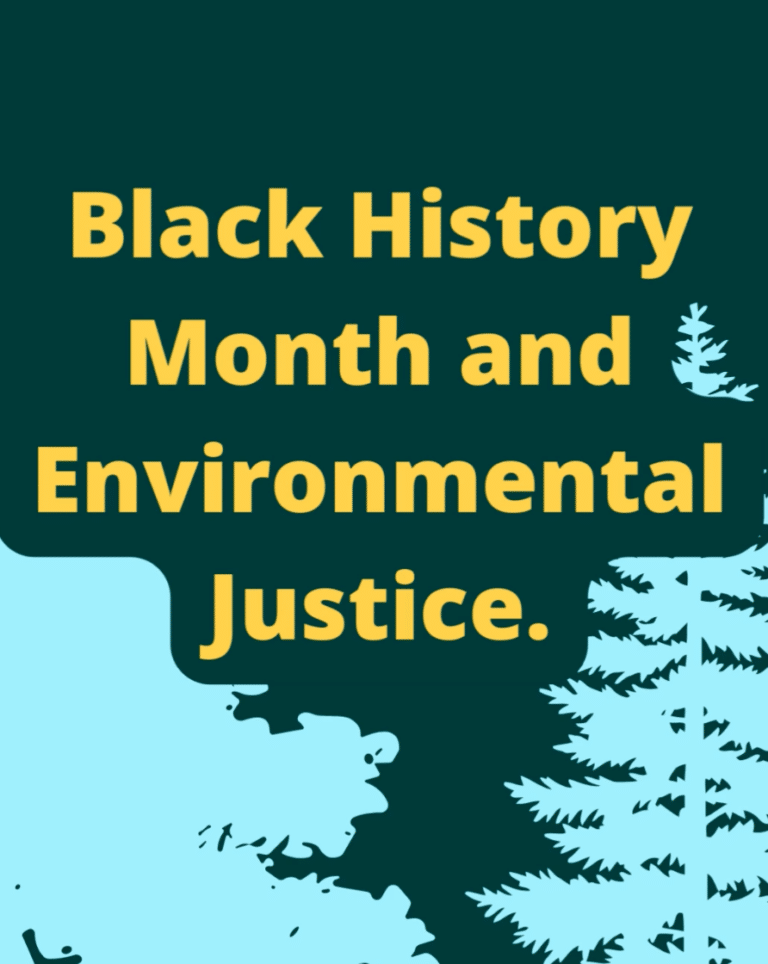 Black History Month and Environmental Justice test on a background graphic of trees.