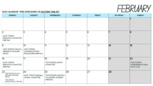A calendar for Sierra Youth depicting the dates and times of committee meetings, webinars, and club activities. All of which are also listed on the webpage.