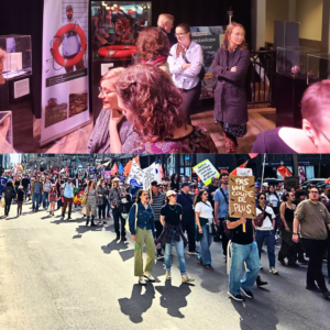 Polling Industrial Carbon Pricing page photo of climate march in Montreal and protect what we love exhibit in Ottawa.