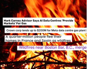 Gas Plants Data Centres Financing page, picture of headlines about wildfires and gas plants over a picture of a fire