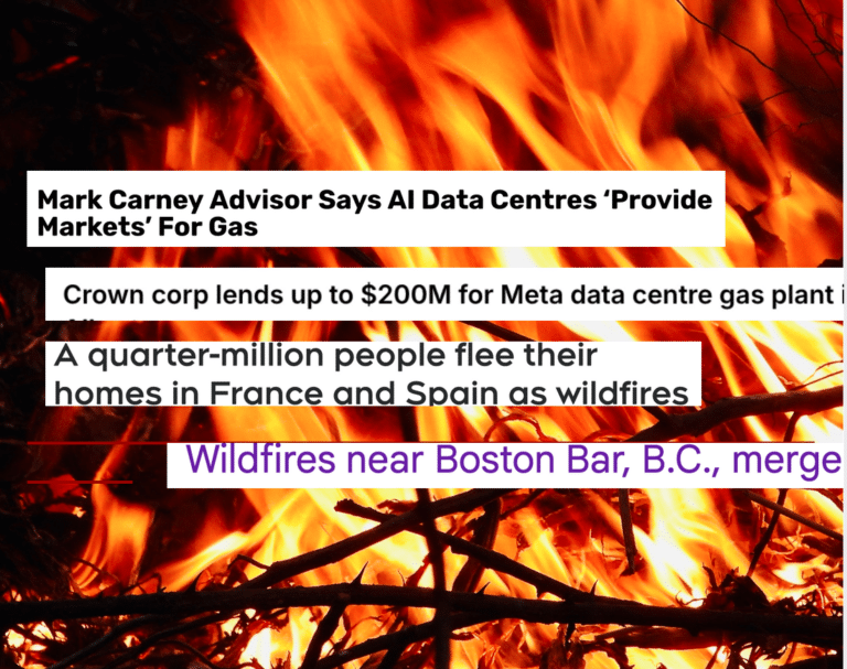 Gas Plants Data Centres Financing page, picture of headlines about wildfires and gas plants over a picture of a fire