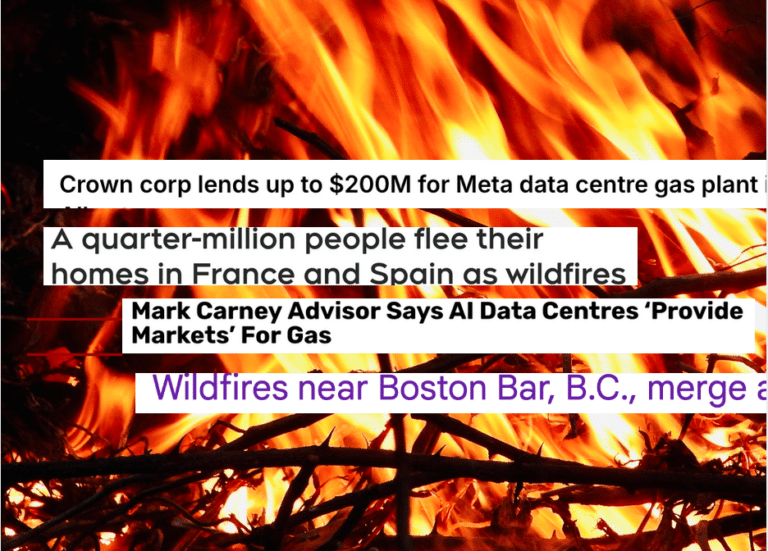 Gas Plants Data Centres Financing page, picture of headlines about wildfires and gas plants over a picture of a fire