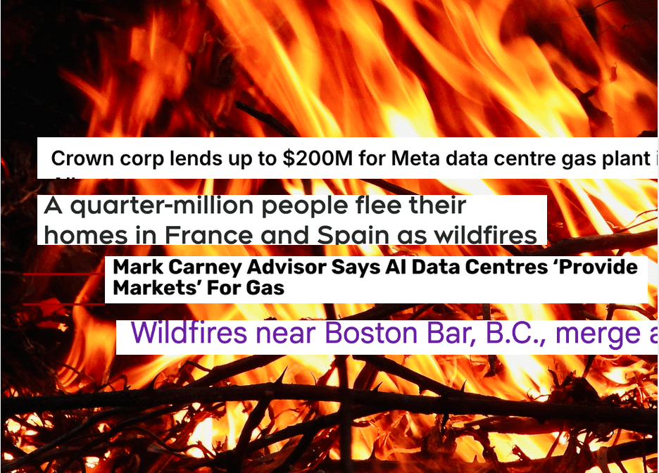 Gas Plants Data Centres Financing page, picture of headlines about wildfires and gas plants over a picture of a fire